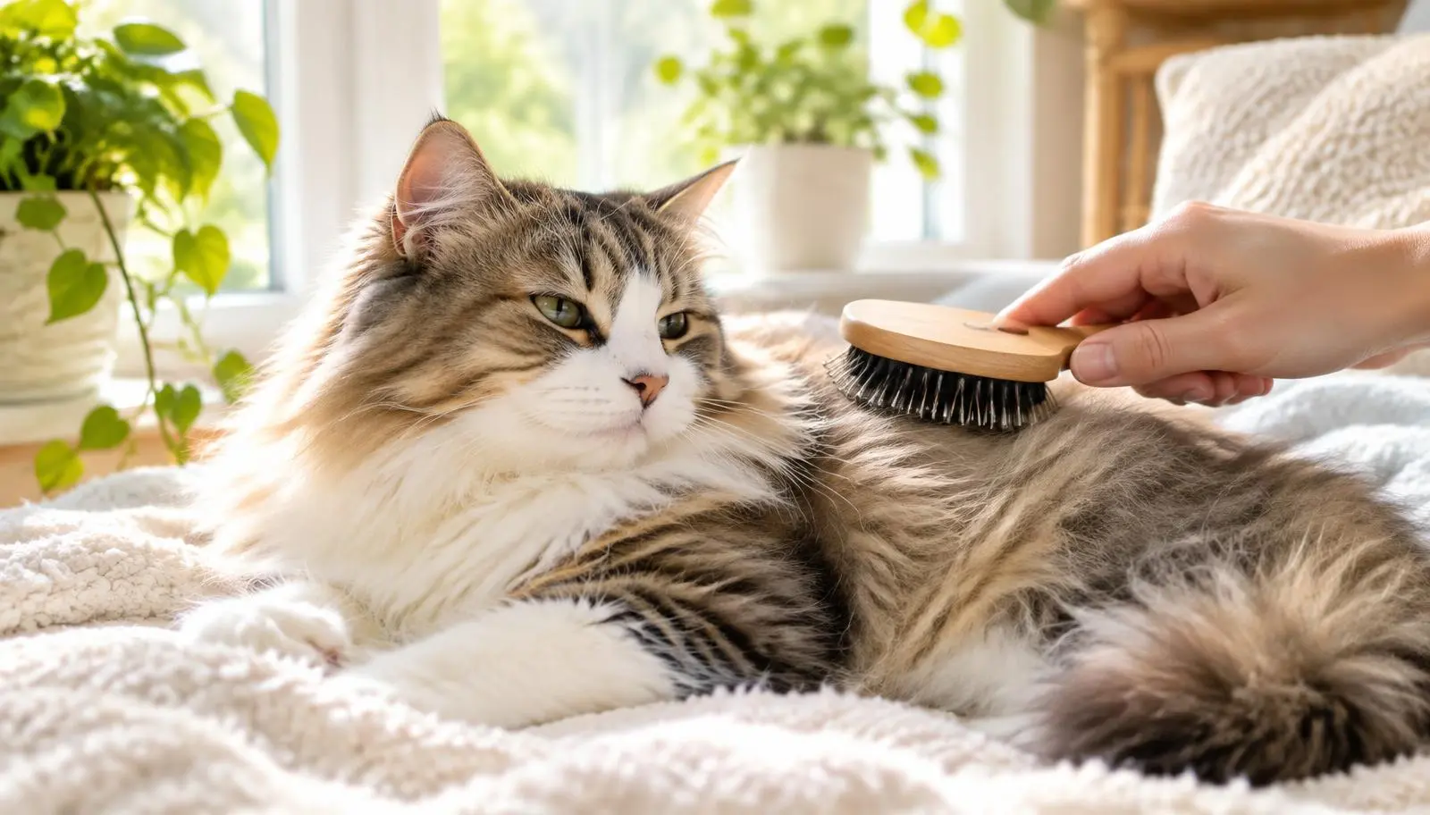 Fluffy long-haired cat relaxing on a soft blanket while being gently brushed