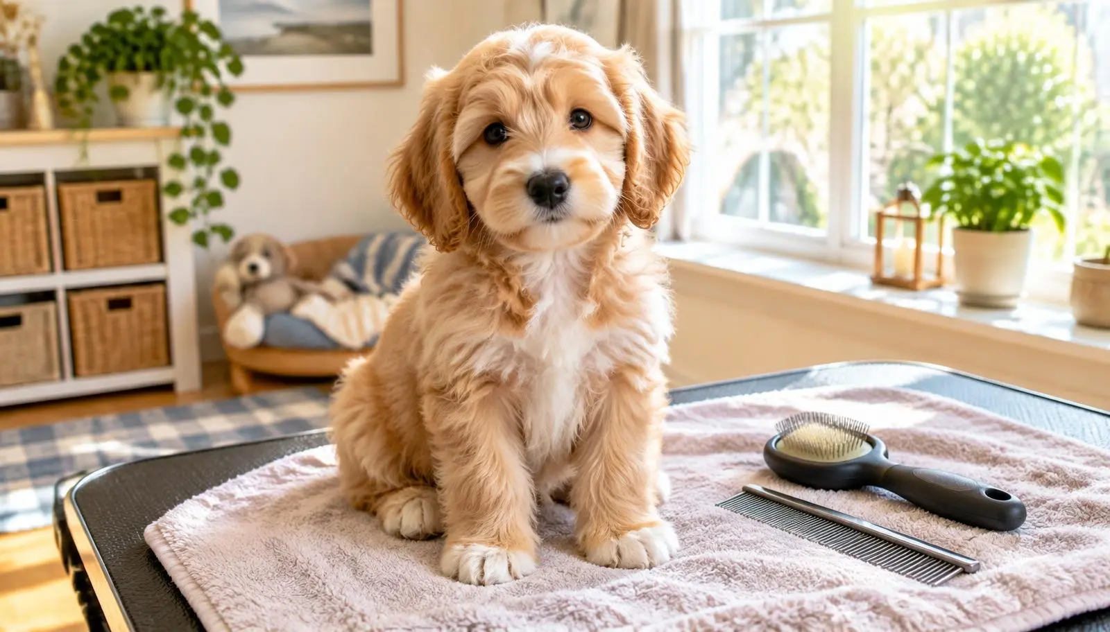 Fluffy puppy sitting calmly on a towel beside a brush and comb before its first groom