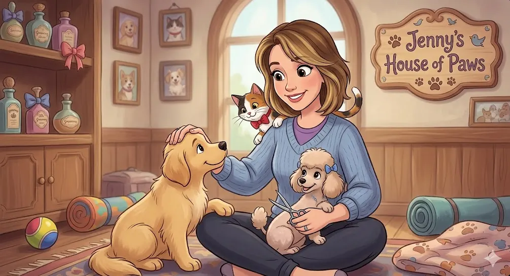 Illustration of Jenny Meharg with a dog, a cat, and a small bird